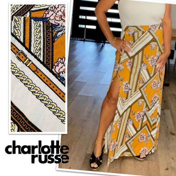 Charlotte Russe Floral Chain Maxi Skirt with Front Side Slit, Size Large - Picture 1 of 8